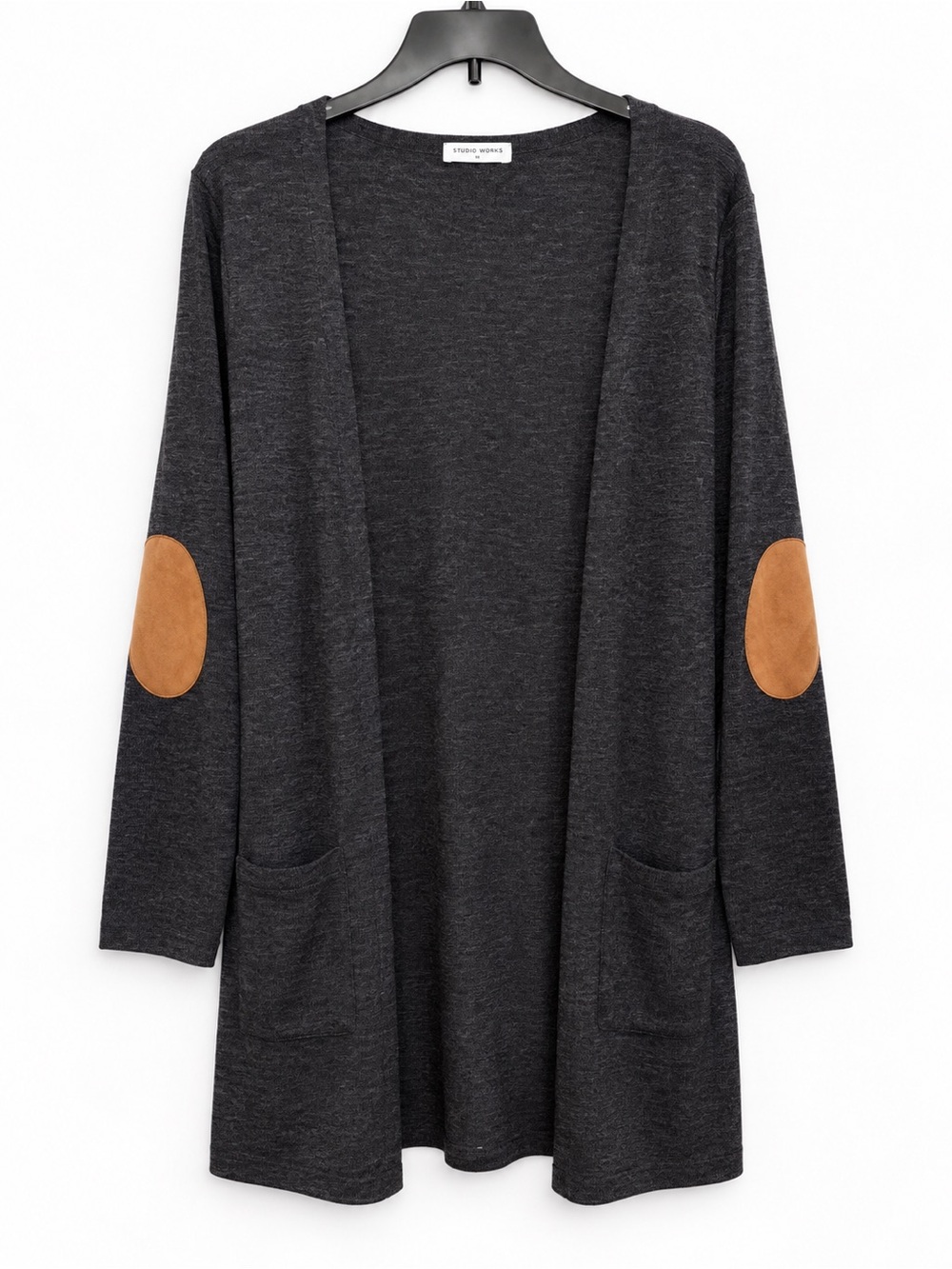 ChicSoul Charcoal Gray Open Front Cardigan 2X Brown Elbow Patches Made in USA